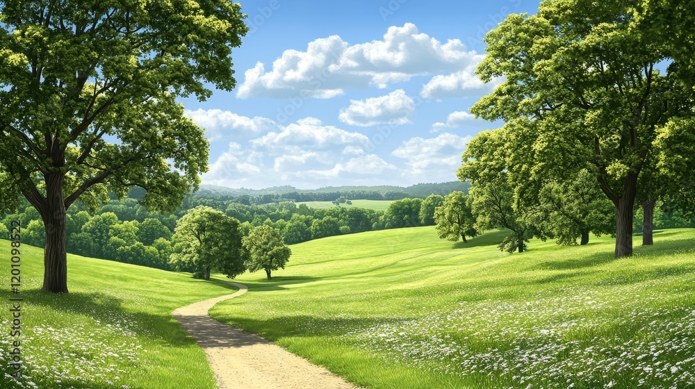 Serene Summer Meadow Path Leading Through Rolling Green Hills Under a Blue Sky Serene Summer Meadow Path Leading Through Rolling Green Hills Under a Blue Sky