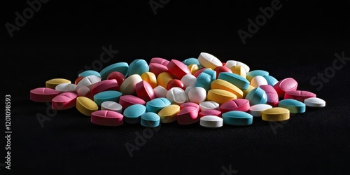 Multicolored tablets in various shapes scattered on a smooth black background with pink, yellow, blue, and white hues, showcasing medical preparations.