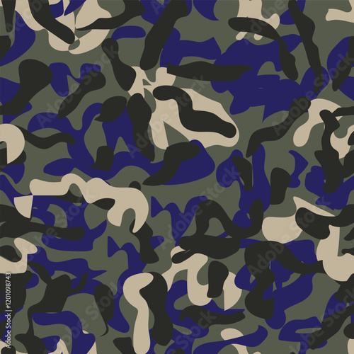 Vector illustration of camouflage seamless pattern in green, blue, black and beige for military, hunting, clothing design, outdoor equipment, camping, textiles, decorations, clothing, interiors