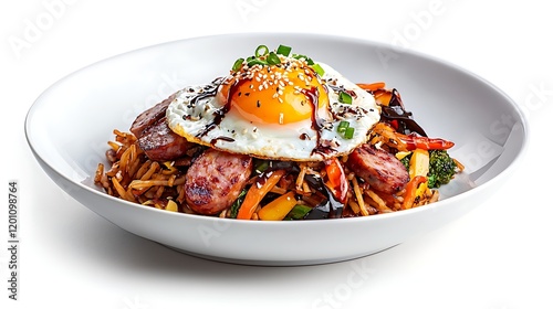 Savory Asian Noodle Bowl with Fried Egg and Sausage photo