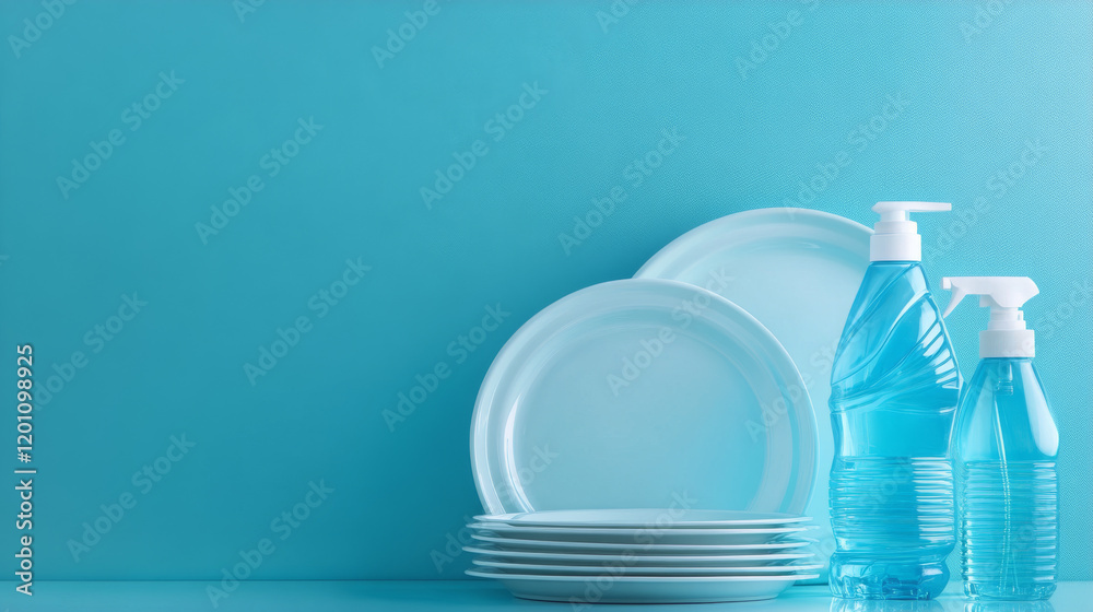 Detergent dishware cleaner bottle, plates and bubbles. 3d vector poster with dish wash liquid soap tube and clean platters on blue background. New formula of dishwasher, detergent dishware advertising Detergent dishware cleaner bottle, plates and bubbles. 3d vector poster with dish wash liquid soap tube and clean platters on blue background. New formula of dishwasher, detergent dishware advertising