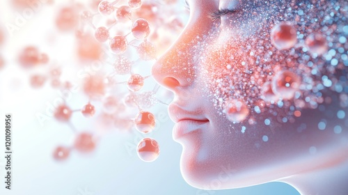 82.A realistic 3D model of skin structure with detailed layers. Bright, hydrating serum molecules are shown actively infusing the cells, creating a visual transformation of improved skin firmness and