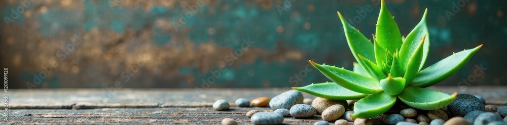 Vibrant green aloe, weathered wood backdrop, smooth pebbles , pebbles, rough Vibrant green aloe, weathered wood backdrop, smooth pebbles , pebbles, rough