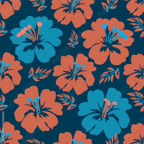 Vector illustration of a seamless pattern of blue tropical style flowers with contrasting blue and orange colors. For designing summer clothes, fabrics, textiles, clothes, wrapping paper, covers.