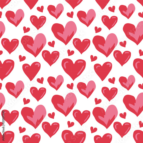 Vector illustration of a red and pink seamless heart pattern on a white background. Looks simple but cute. For use in love themes, cards, Valentine's Day, gift wrapping, decorations.