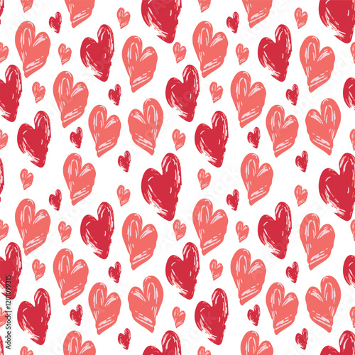 Vector illustration of a red and pink seamless heart pattern drawn with a brush style.  scattered on a white background For use in design work such as Valentine's Day cards, packaging, digital graphic