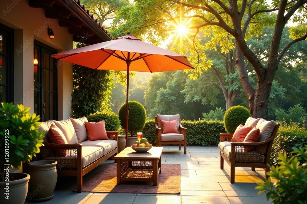 Fototapeta premium Sun-drenched patio with comfortable seating, shared drinks, flowers, garden, warm