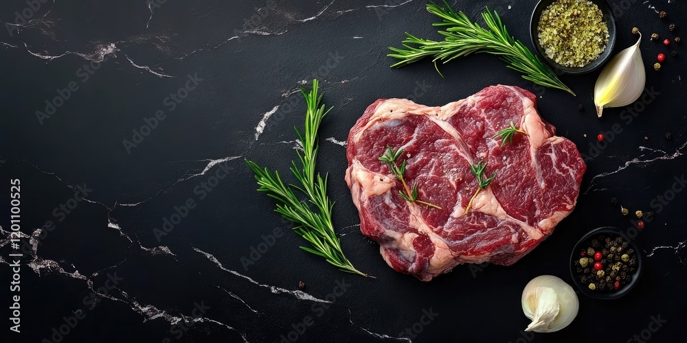 Obraz premium Raw marbled Ossobuco steak seasoned with herbs on a dark marble surface with rosemary and spices arranged around for culinary banner or recipe design.