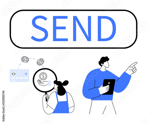 Online money transfer with person holding tablet, examining payment methods and currency transaction details. Ideal for finance apps, digital banking, e-commerce, financial consulting, fintech