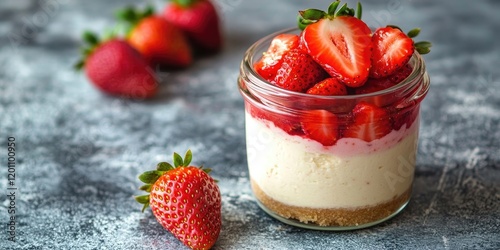 No-bake strawberry cheesecake in a glass jar with fresh strawberries on a textured gray concrete surface, creating a vibrant summer dessert look.