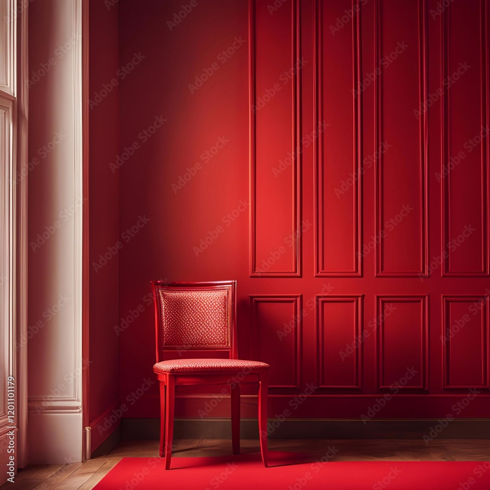 Crimson Comfort: A solitary red chair stands in a room bathed in warm red light, the wooden floorboards reflecting the hue. Crimson Comfort: A solitary red chair stands in a room bathed in warm red light, the wooden floorboards reflecting the hue.