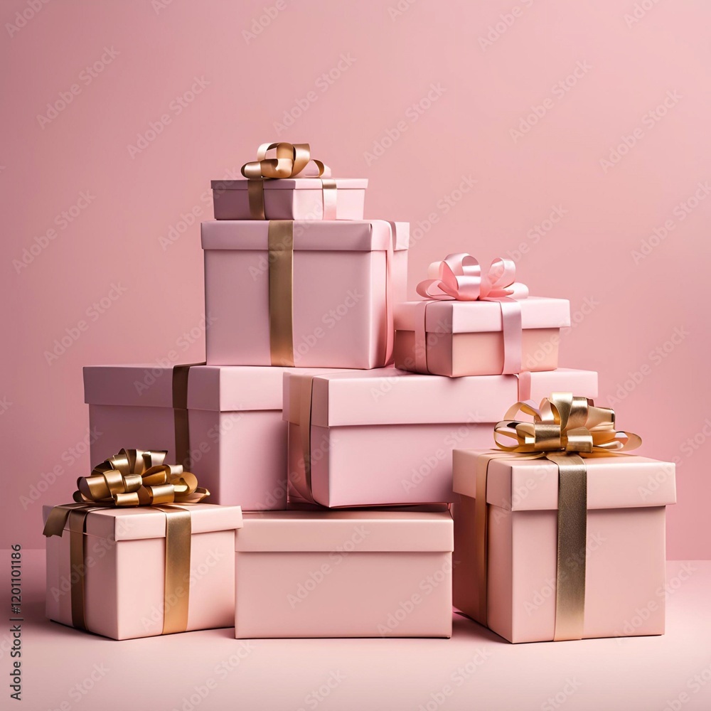 Obraz premium Pink Gift Boxes with Gold Accents: A delightful collection of pink gift boxes adorned with golden bows and ribbons creates a festive and celebratory atmosphere.