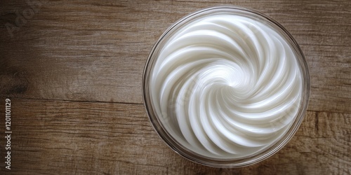 Moisturizer cosmetic cream in a swirling pattern inside a clear glass pot on a rustic wooden table viewed from above with earthy tones photo