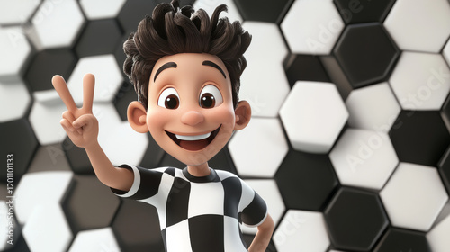 Cute number 2 cartoon character with a black and white hexagonal soccer pattern waving a v-sign at the camera with a happy smile, vector illustration on white