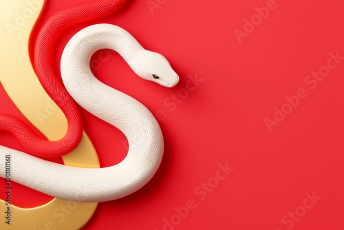 White Snake New Year zodiac against a bold red background, showcasing a striking contrast and elegant curves with luxury gold color