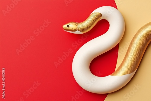 Snake New Year zodiac 3D style with a white and gold pattern slithers on a dual colored background of red and beige with left copy space area for text