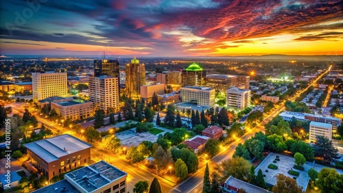 Fresno California Dusk Skyline Aerial Bokeh Photography - Golden Hour Cityscape