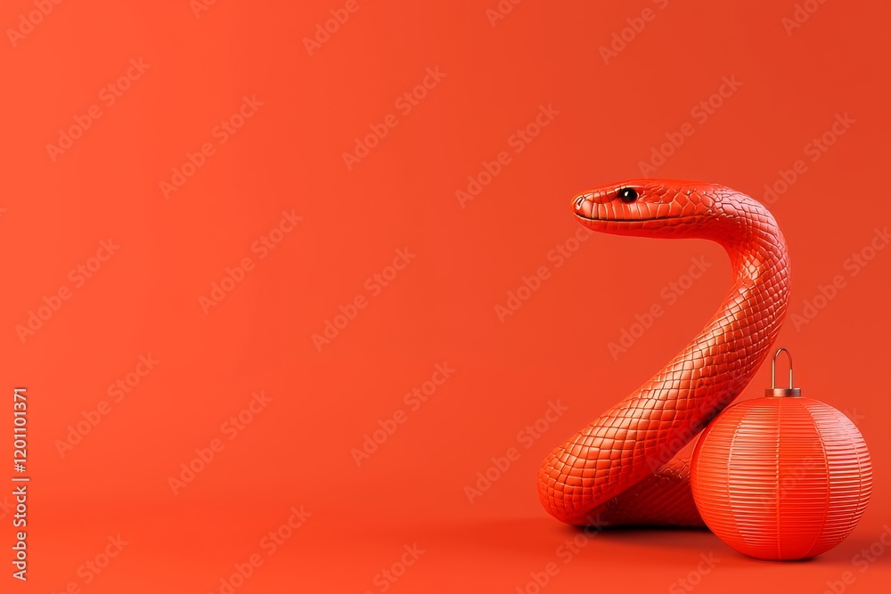 Fototapeta premium Red Snake New Year zodiac intertwined with a red Chinese lantern against a solid orange background, creating a striking visual contrast