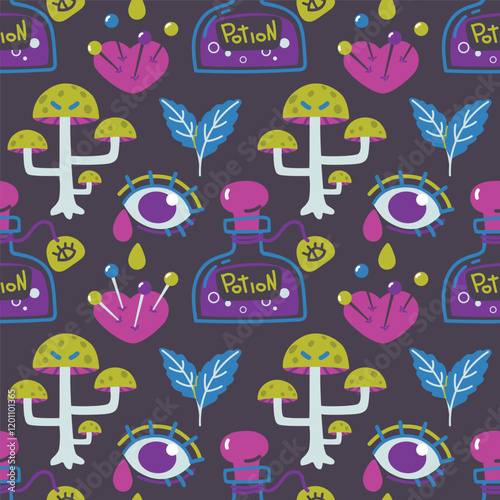 Seamless pattern with elements for love magic. Print with mystical esoteric elements. Background with wizard items for witchcraft