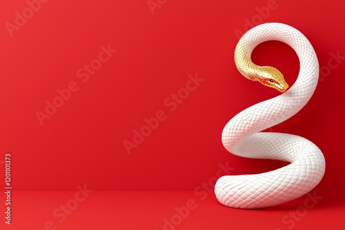White Snake New Year elegance spiral with a golden head is coiled against a vibrant red background, creating a striking visual contrast