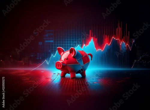 A shattered red piggy bank sits before a volatile stock market graph, symbolizing financial instability and economic downturn.  Red and blue light illuminate the scene.