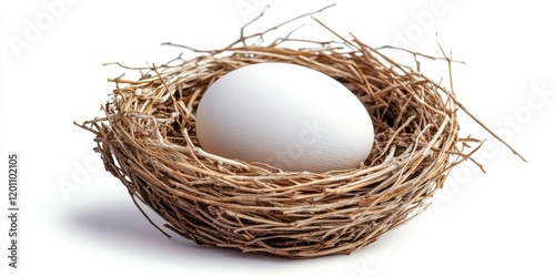 Cozy natural nest with a single white egg centered in the middle on a clean bright white background highlighting earthy brown tones of twigs