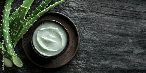 Aloe vera cream in a dark bowl on textured black wooden surface with fresh green aloe plant leaves arranged artistically around the bowl