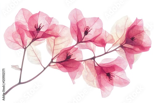 A botanical illustration of pink bougainvillea flowers with intricate details, isolated on white.