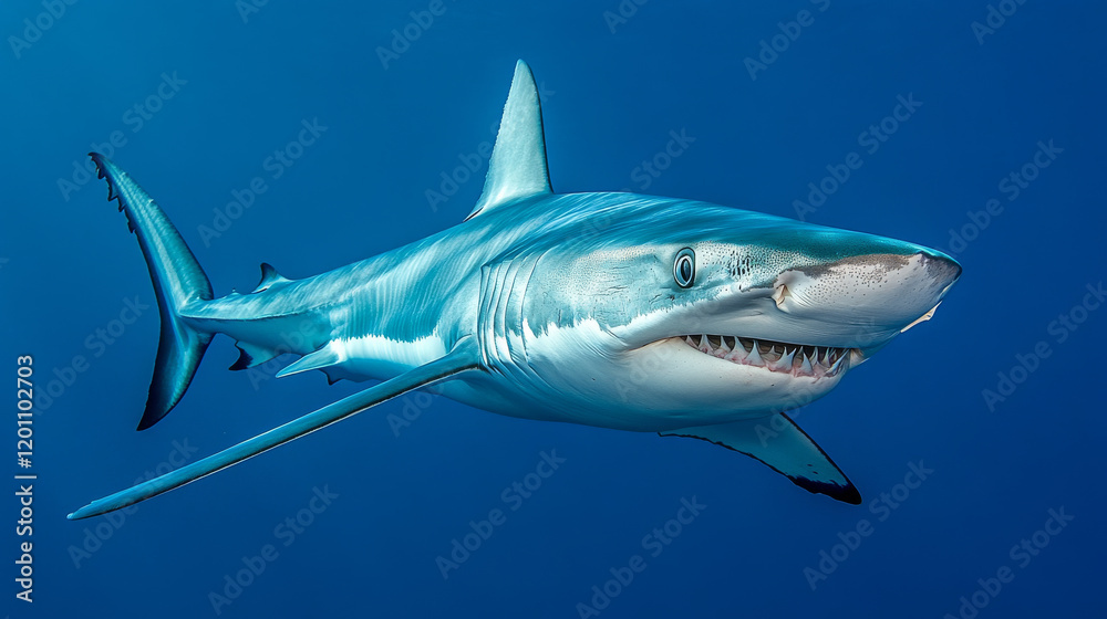 Fototapeta premium Danger blue shark in cartoon style isolated on white background
