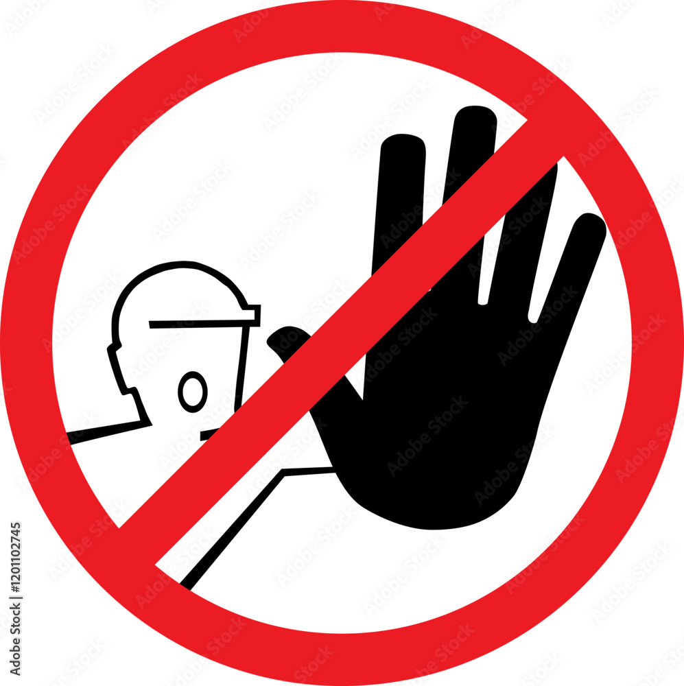 Forbidden sign do not enter construction site with worker with helmet stretching arm with hand. Illustration made January 17th, 2025, Zurich, Switzerland.