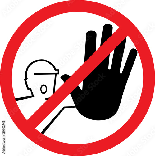 Forbidden sign do not enter construction site with worker with helmet stretching arm with hand. Illustration made January 17th, 2025, Zurich, Switzerland.