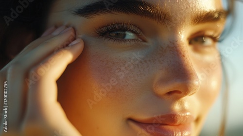 117.A close-up of a brunette womanâ€™s face as she gently applies cream to her cheekbone. Her joyful expression and clear skin create a vibrant, refreshing atmosphere. photo