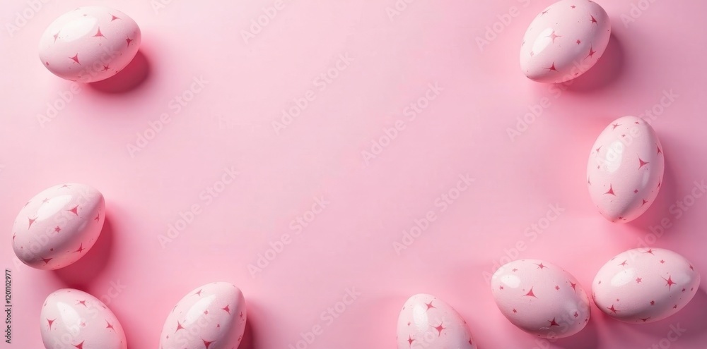 Pastel pink background, scattered pink & white Easter eggs , art, retro, background Pastel pink background, scattered pink & white Easter eggs , art, retro, background
