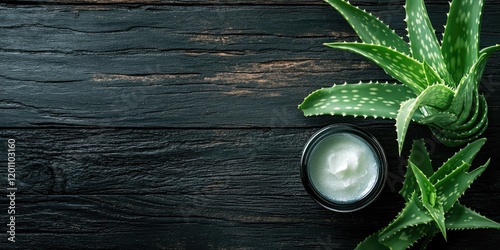 Natural aloe vera cream in a black jar placed on a textured dark wooden surface with fresh aloe leaves arranged beside it in green tones