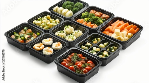 Obraz na płótnie black catering boxes with individually portioned diet meals, featuring fresh vegetables and proteins, isolated on a white background w salonie