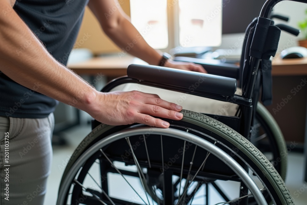 Empowerment and Independence: A Close-Up of a Person's Hand on a Wheelchair in a Modern Office Setting Empowerment and Independence: A Close-Up of a Person's Hand on a Wheelchair in a Modern Office Setting