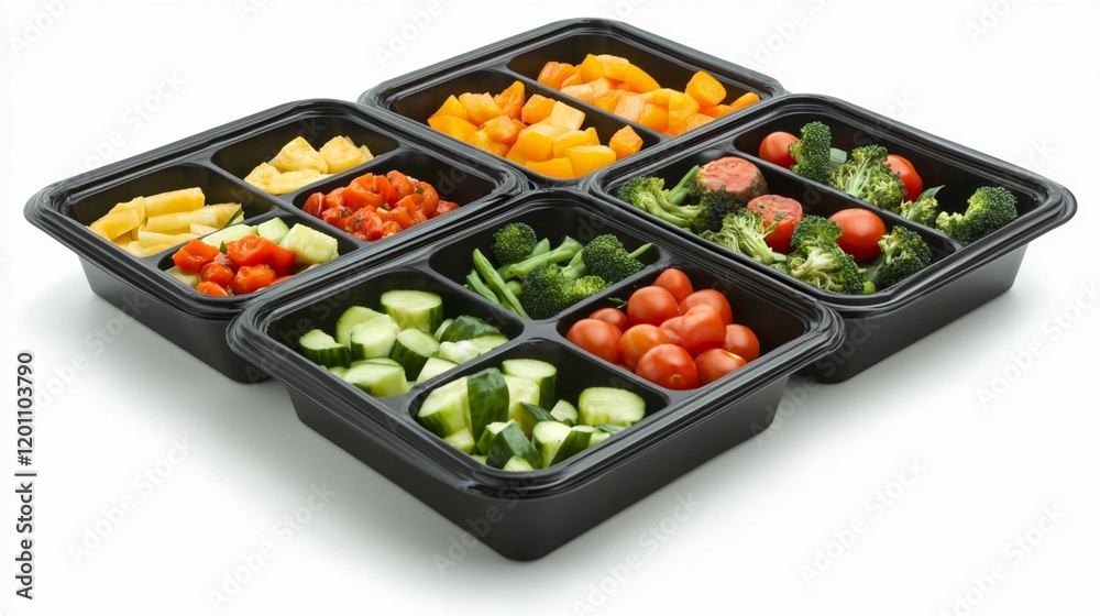 black catering boxes with individually portioned diet meals, featuring fresh vegetables and proteins, isolated on a white background