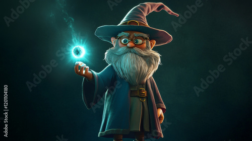 Cartoon phosphorus micronutrient wizard character. Isolated vector P warlock or necromancer personage wear black cape, holding wand and fireball in hands. Funny food supplement, nutrient mage or wiz photo