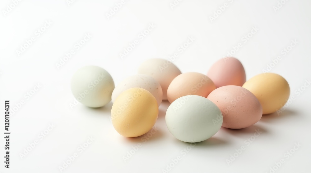 Group of pastel colored eggs scattered on white background. Minimal and natural composition with soft tones Group of pastel colored eggs scattered on white background. Minimal and natural composition with soft tones