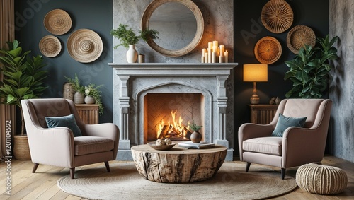 A vintage fireplace adorned with Christmas decor warms a luxury living room