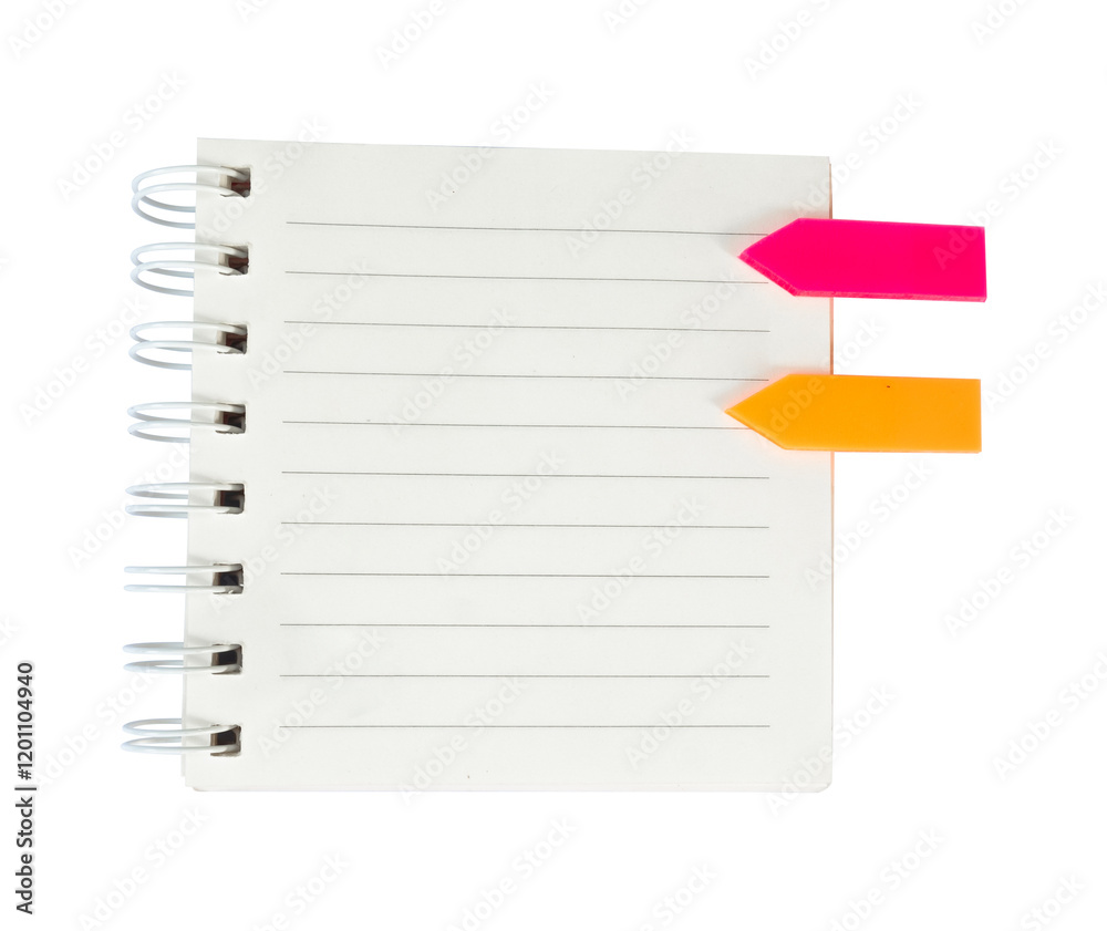 blank notebook with red and orange post it sign isolated on white blank notebook with red and orange post it sign isolated on white