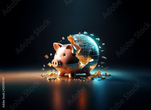 A shattered piggy bank, resembling a globe, lies amidst its fragments, symbolizing global financial crisis.  The scene is dramatically lit, highlighting the severity of the economic downfall.