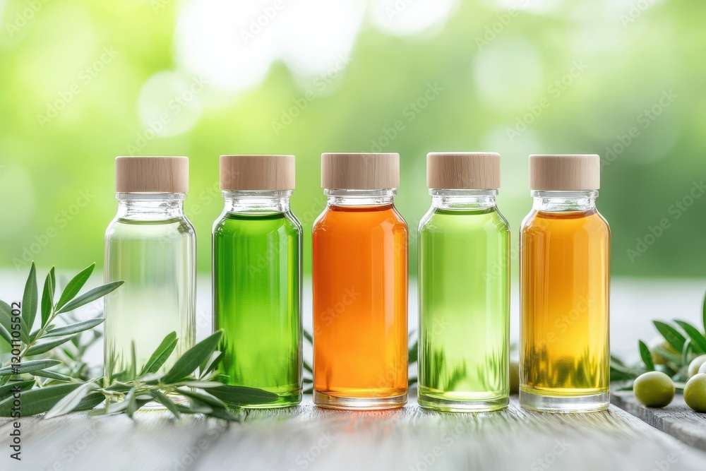 A collection of colorful essential oil bottles displayed on a wooden surface, surrounded by olive leaves and set against a blurred green background.