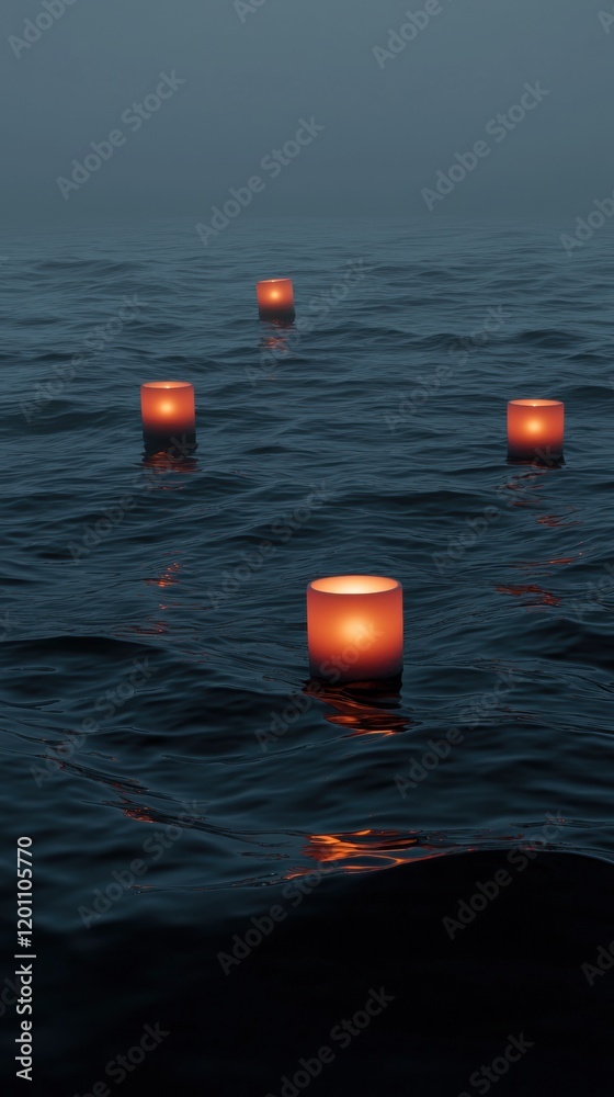 Group of five orange candles floating on the surface of the water. the candles are arranged in a row, with the largest one in the center and three smaller ones on either side. Group of five orange candles floating on the surface of the water. the candles are arranged in a row, with the largest one in the center and three smaller ones on either side.