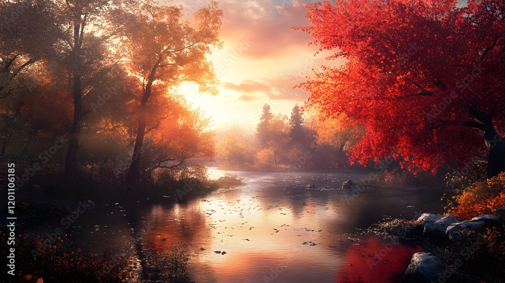 Obraz premium Autumn Sunset River Scene With Colorful Trees And Birds
