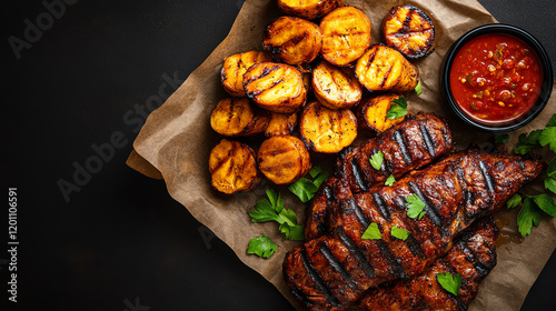 Tanzanian Nyama Choma grilled meat, styled with roasted plantains and chili sauce, [East African festive dining, hearty flavors] photo