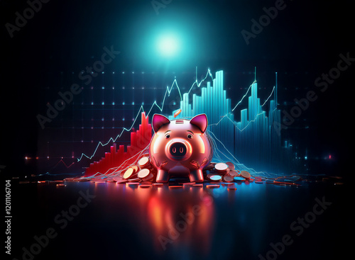 A bronze piggy bank sits amidst a spill of coins, set against a backdrop of fluctuating financial charts in vibrant red and blue hues.  The scene is dramatically lit, suggesting financial risk and rew photo