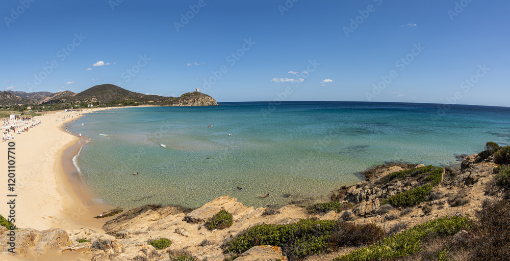 Pula, Italy - 09-10-2024: Beautiful beach in Chia, in Southern Sardinia, with white sand and transparent and turquoise water