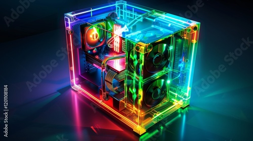 A custom-built PC case with tempered glass panels and glowing internal components, placed centrally. The vibrant colors stand out vividly.