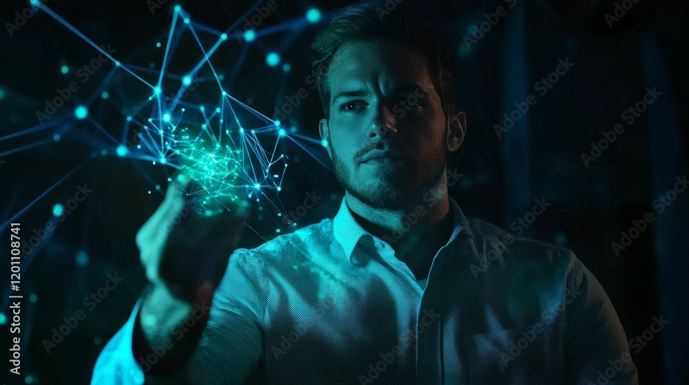 Fototapeta premium Man interacts with glowing digital network.